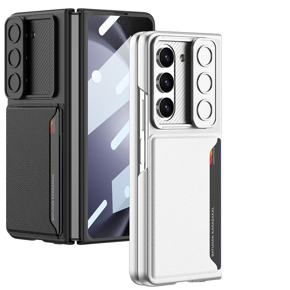 Galaxy Z Fold 5 Suni Deri Arka Yüzey Sürgülü Kamera Korumalı Zore Kartlıklı Kıpta Silikon Kılıf