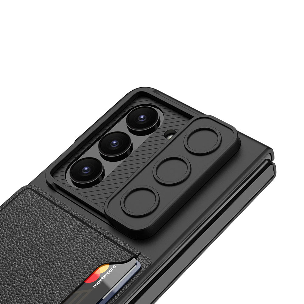 Galaxy Z Fold 5 Suni Deri Arka Yüzey Sürgülü Kamera Korumalı Zore Kartlıklı Kıpta Silikon Kılıf