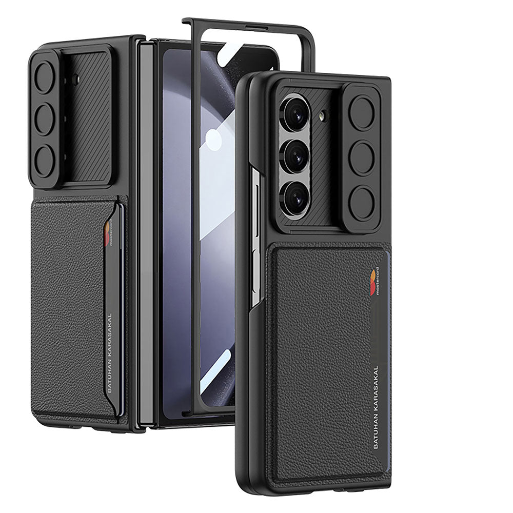 Galaxy Z Fold 5 Suni Deri Arka Yüzey Sürgülü Kamera Korumalı Zore Kartlıklı Kıpta Silikon Kılıf