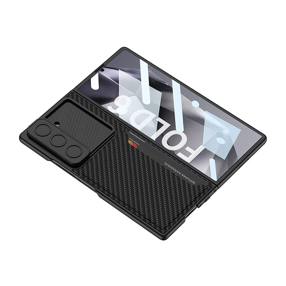 Galaxy Z Fold 6 Kılıf Kamera Korumalı Karbon Fiber Arka Yüzey Zore Kartlıklı Kıpta Sert Kılıf