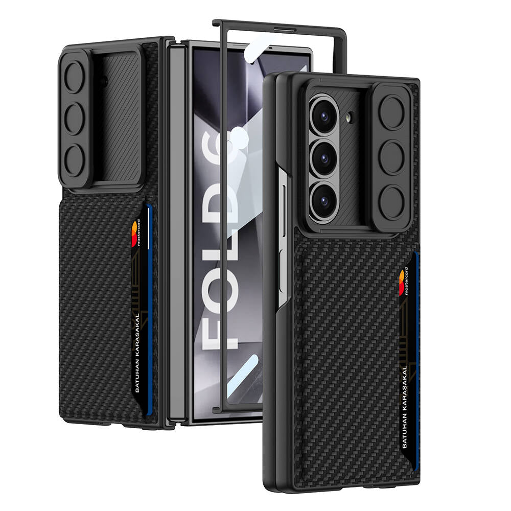 Galaxy Z Fold 6 Kılıf Kamera Korumalı Karbon Fiber Arka Yüzey Zore Kartlıklı Kıpta Sert Kılıf