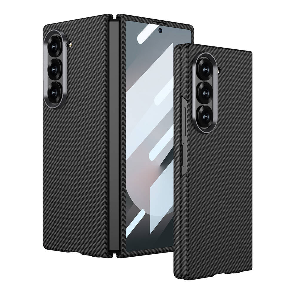 Galaxy Z Fold 6 Kılıf Kamera Korumalı Karbon Fiber Tasarımlı Arka Yüzey Zore Kıpta Karbon Kılıf