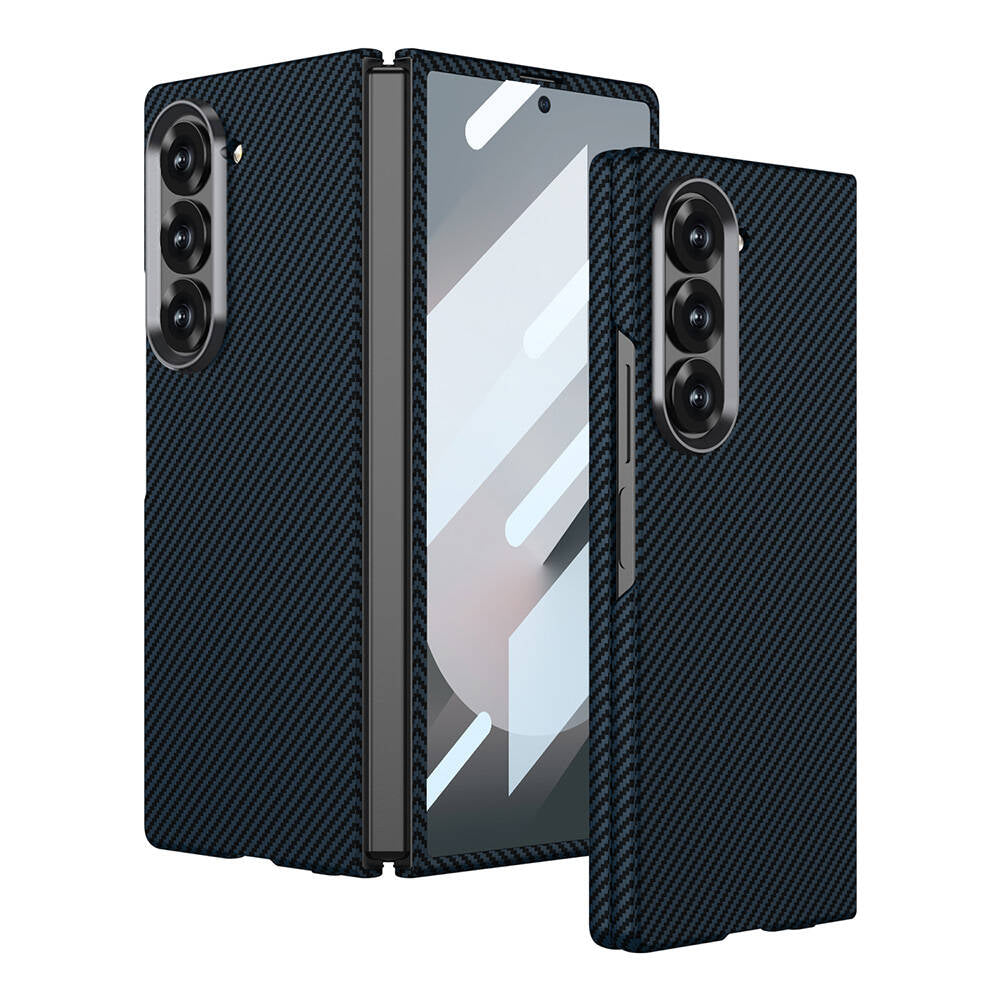 Galaxy Z Fold 6 Kılıf Kamera Korumalı Karbon Fiber Tasarımlı Arka Yüzey Zore Kıpta Karbon Kılıf