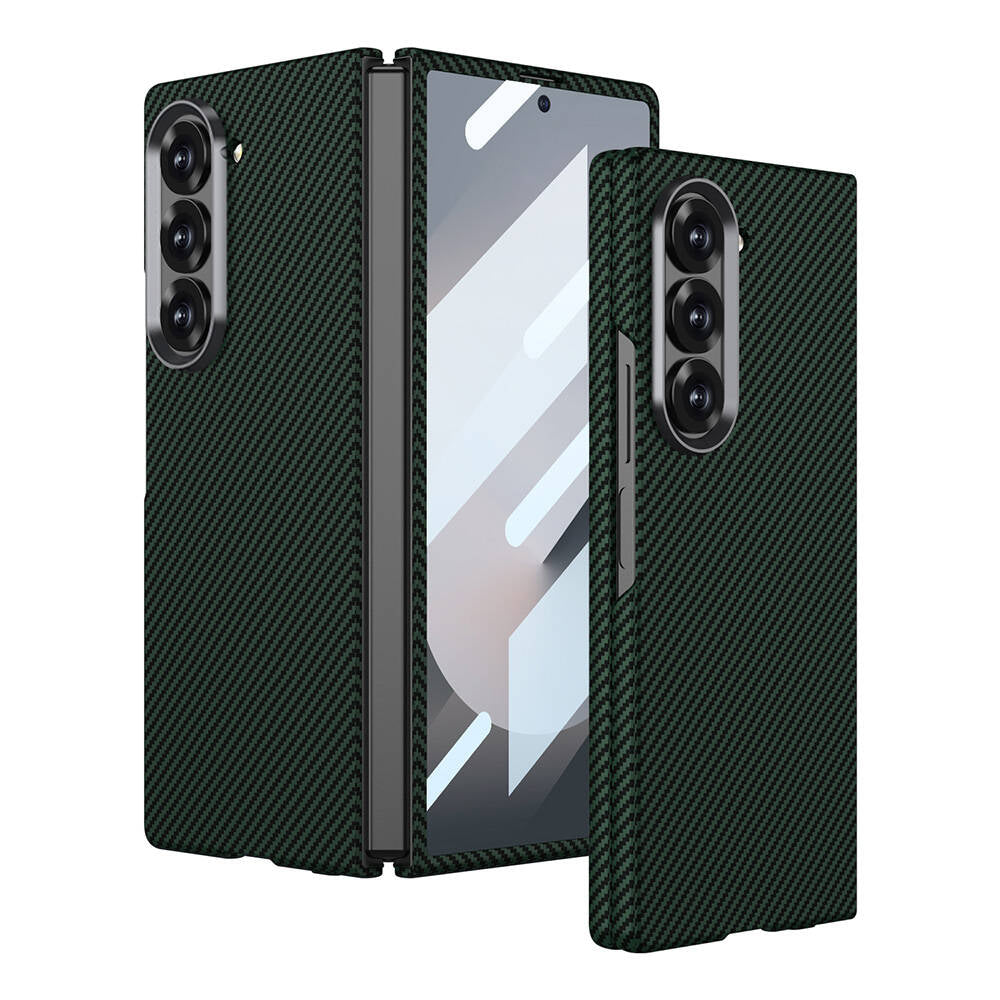 Galaxy Z Fold 6 Kılıf Kamera Korumalı Karbon Fiber Tasarımlı Arka Yüzey Zore Kıpta Karbon Kılıf