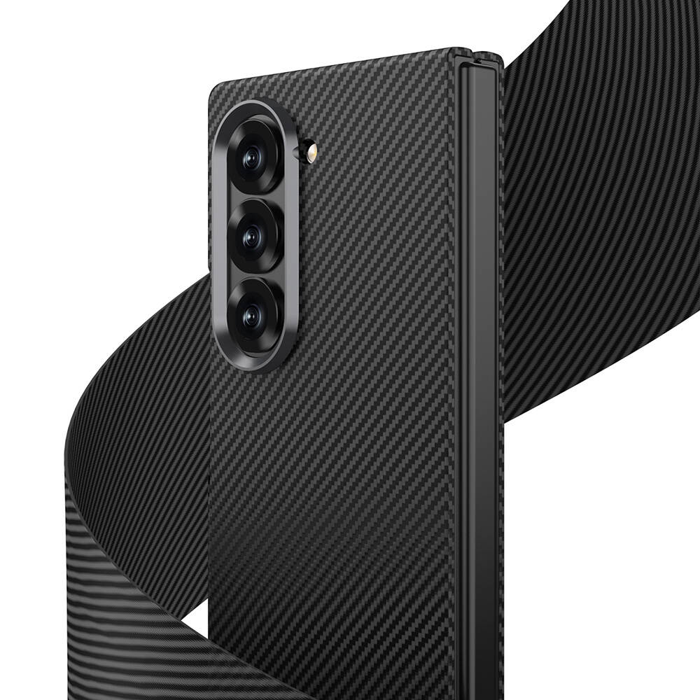 Galaxy Z Fold 6 Kılıf Kamera Korumalı Karbon Fiber Tasarımlı Arka Yüzey Zore Kıpta Karbon Kılıf