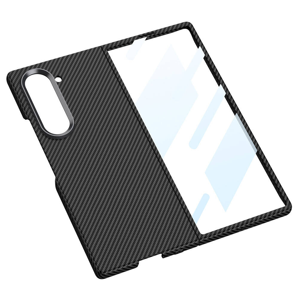 Galaxy Z Fold 6 Kılıf Kamera Korumalı Karbon Fiber Tasarımlı Arka Yüzey Zore Kıpta Karbon Kılıf