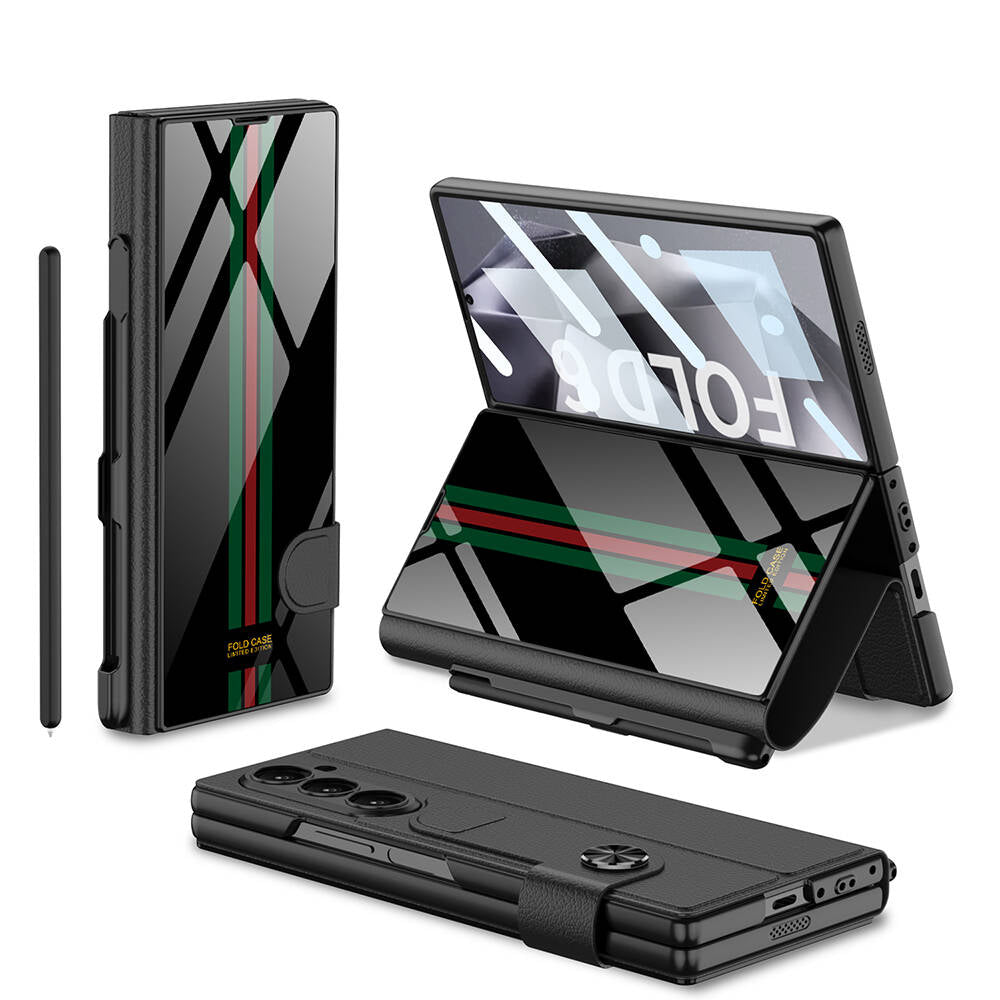 Galaxy Z Fold 6 Kılıf Kamera Korumalı Kartlıklı Kalem Bölmeli Zore Kıpta Çizgili Droga Kılıf