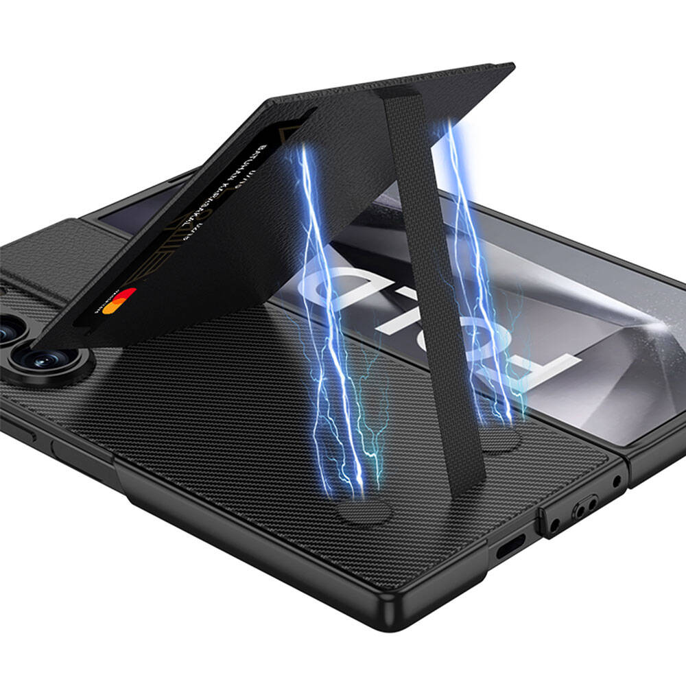 Galaxy Z Fold 6 Kılıf Karbon Fiber Deri Kartlıklı Zore Kıpta Dik Açılan Kartlıklı Kılıf