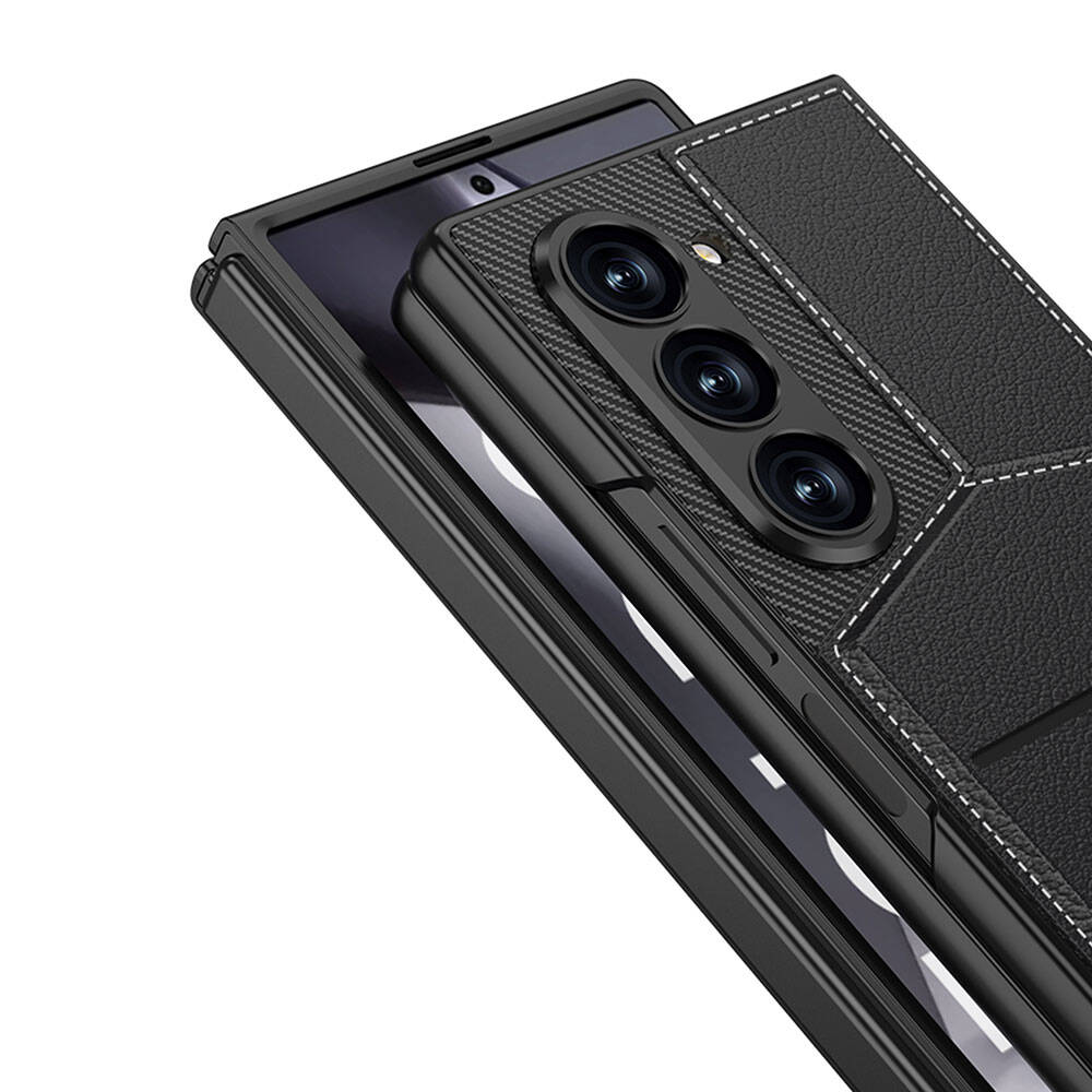 Galaxy Z Fold 6 Kılıf Karbon Fiber Deri Kartlıklı Zore Kıpta Dik Açılan Kartlıklı Kılıf