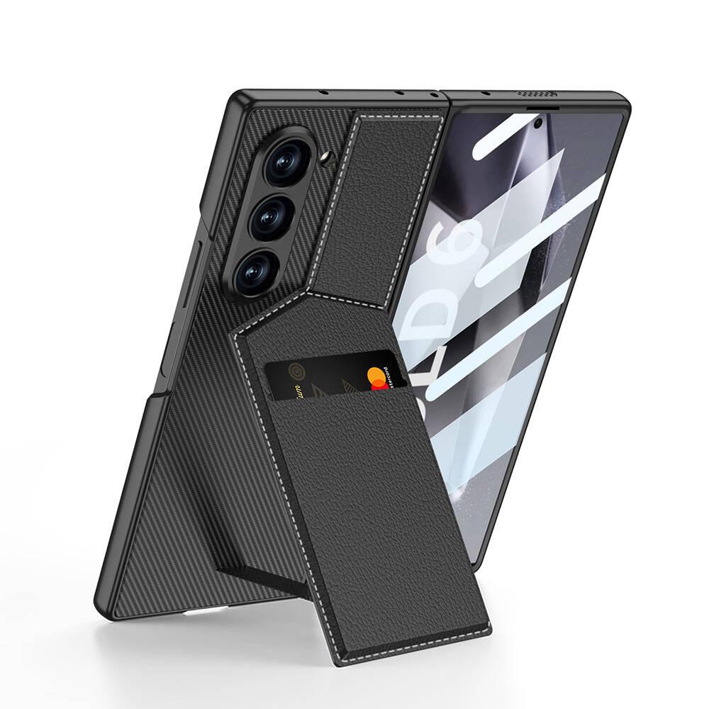 Galaxy Z Fold 6 Kılıf Karbon Fiber Deri Kartlıklı Zore Kıpta Dik Açılan Kartlıklı Kılıf