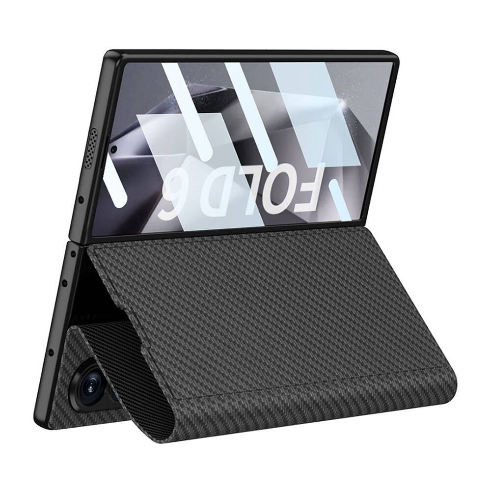 Galaxy Z Fold 6 Kılıf Karbon Fiber Tasarımlı Magnetik Tokalı Kartlıklı Zore Kıpta Zegna Kılıf