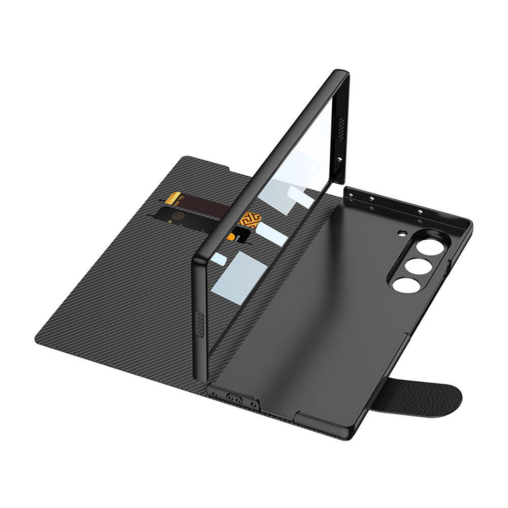 Galaxy Z Fold 6 Kılıf Karbon Fiber Tasarımlı Magnetik Tokalı Kartlıklı Zore Kıpta Zegna Kılıf