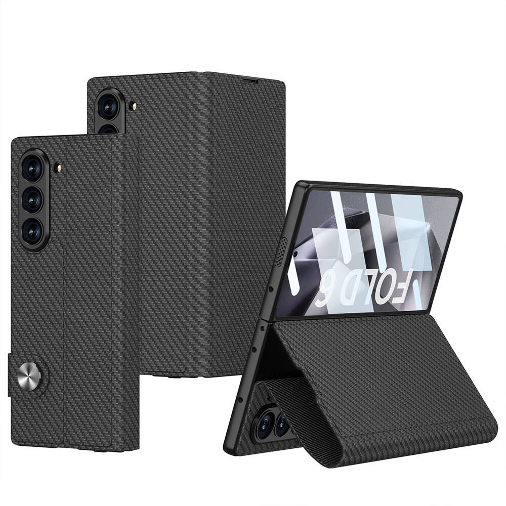 Galaxy Z Fold 6 Kılıf Karbon Fiber Tasarımlı Magnetik Tokalı Kartlıklı Zore Kıpta Zegna Kılıf