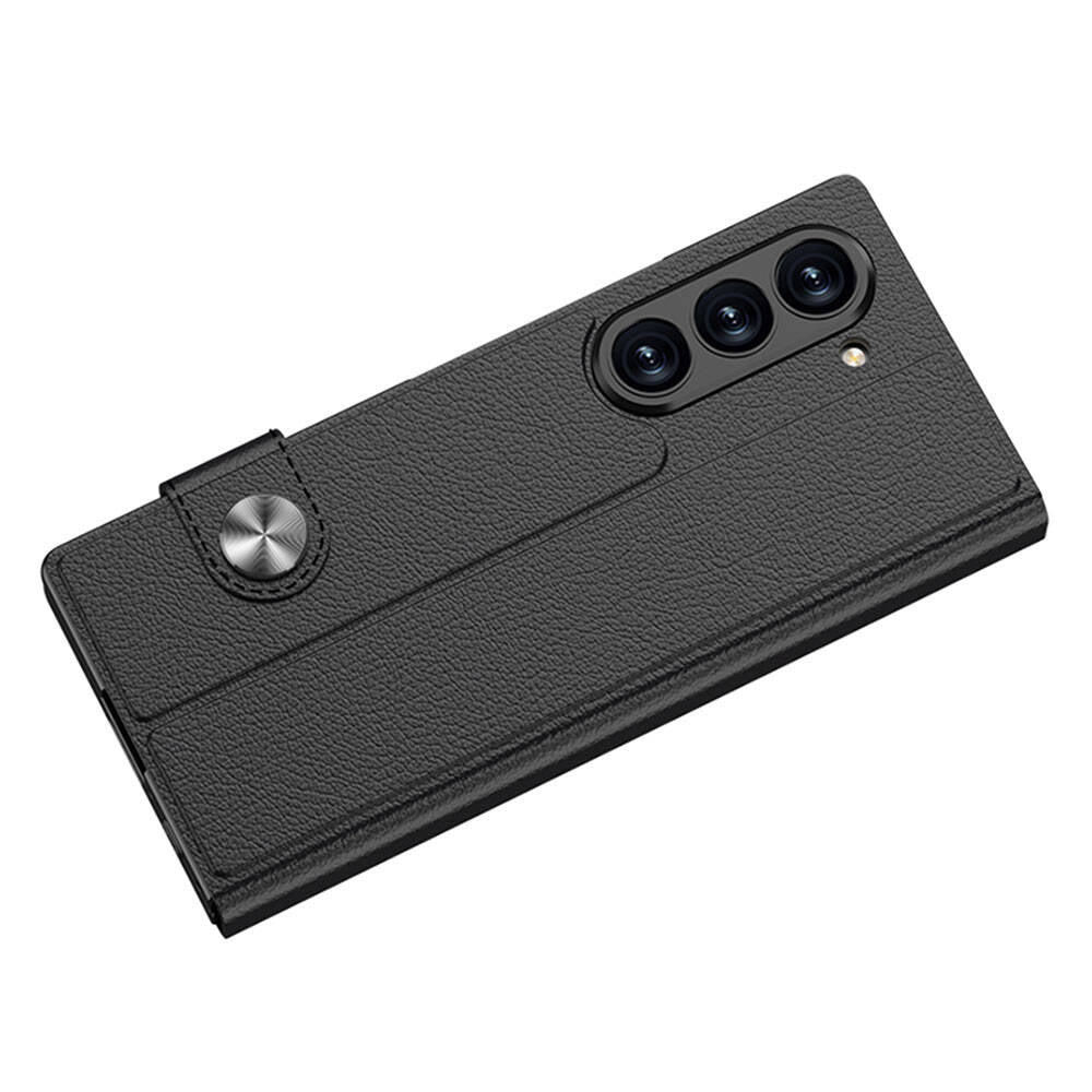 Galaxy Z Fold 6 Kılıf Suni Deri Tasarımlı Magnetik Tokalı ve Kartlıklı Zore Kıpta Zegna Kılıf