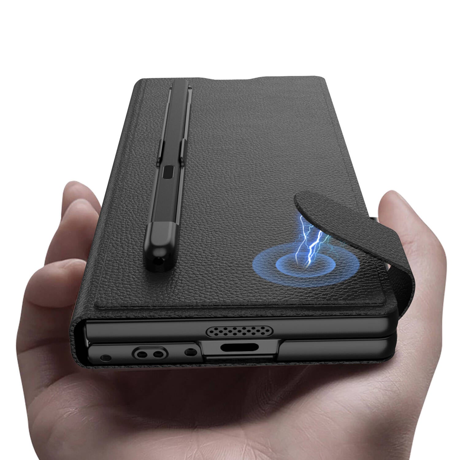 Galaxy Z Fold 6 Suni Deri Tasarımlı Kalem Bölmeli Zore Kıpta Kartlıklı Standlı Kılıf