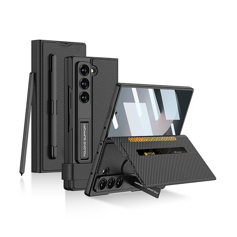 Galaxy Z Fold 6 Suni Deri Tasarımlı Kalem Bölmeli Zore Kıpta Kartlıklı Standlı Kılıf
