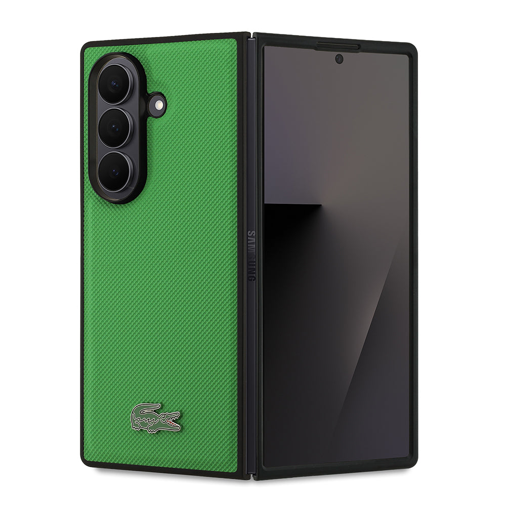 Galaxy Z Fold 7 Kılıf Lacoste Orijinal Lisanslı M-safe Şarj Özellikli Pike Desenli Arka Yüzey İkonik Timsah Metal Logolu Kılıf