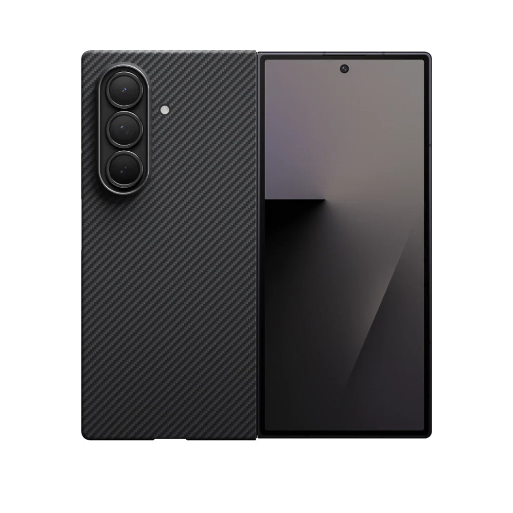 Galaxy Z Fold 7 Kılıf M-safe Şarj Özellikli 600D Aramid Karbon Fiber Pitaka Ultra-Slim Classic Serisi Black-Grey Twill Kılıf