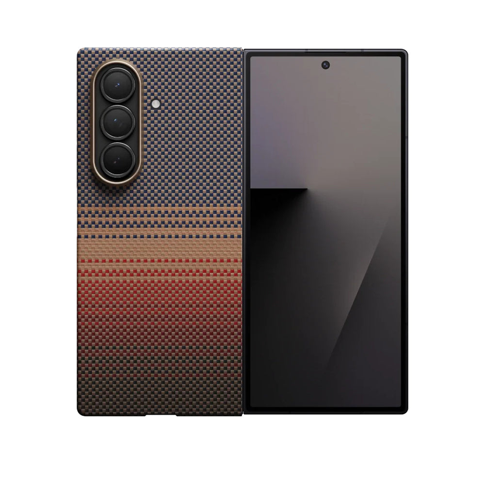 Galaxy Z Fold 7 Kılıf M-safe Şarj Özellikli Aramid Karbon Fiber Pitaka Tactile Woven Sunset-Moonrise Serisi Kılıf
