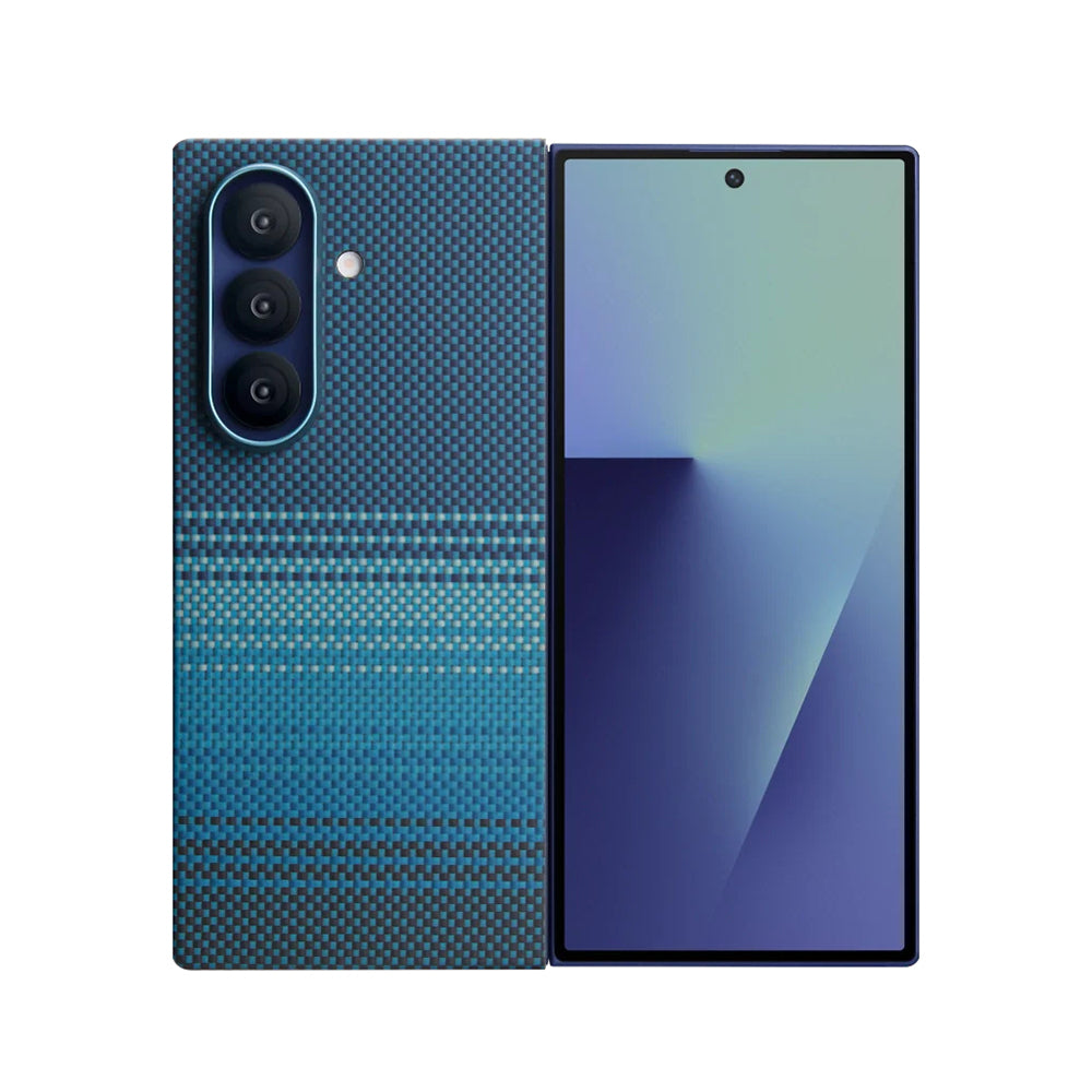 Galaxy Z Fold 7 Kılıf M-safe Şarj Özellikli Aramid Karbon Fiber Pitaka Tactile Woven Sunset-Moonrise Serisi Kılıf