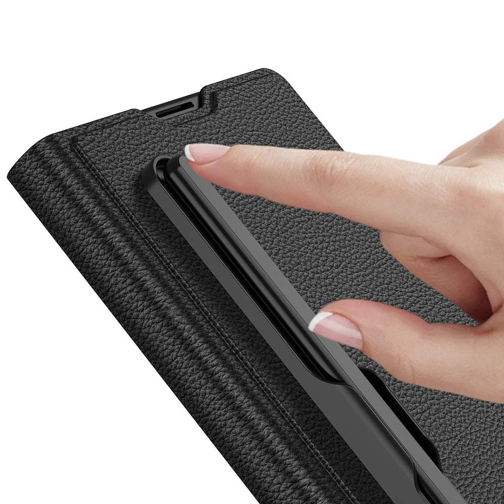 Galaxy Z Fold 7 Suni Deri Tasarımlı Kalem Bölmeli Zore Kıpta Kartlıklı Standlı Kılıf