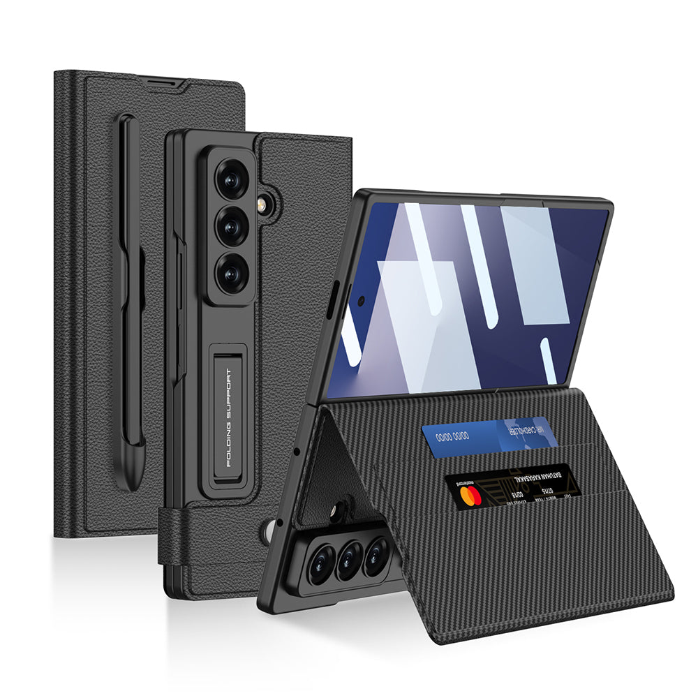 Galaxy Z Fold 7 Suni Deri Tasarımlı Kalem Bölmeli Zore Kıpta Kartlıklı Standlı Kılıf