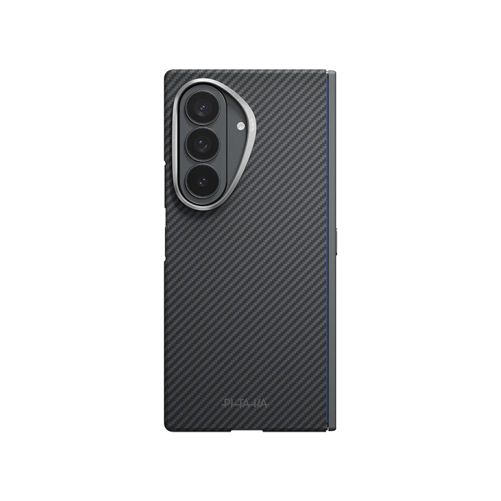 Galaxy Z Fold 8 Ultra Kılıf M-safe Şarj Özellikli 600D Aramid Karbon Fiber Menteşe Butonlu Pitaka Edge Serisi Black-Grey Twill Kılıf