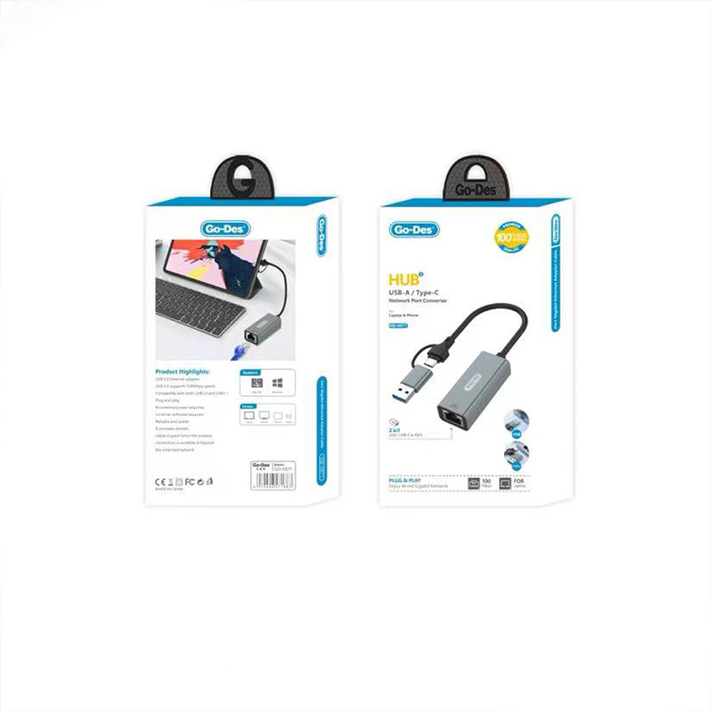 Go Des GD-6871 RJ45 Type-C ve USB-A Ethernet Dönüştürücü Kablo 100Mbps