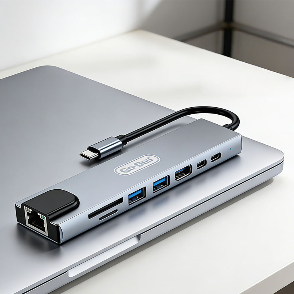 Go Des GD-9218 Type-C Bağlantılı 8in1 USB3.0 + PD + Hdmi 4K Ultra HD + RJ45 + SD/TF Bağlantılı Hub Adaptör