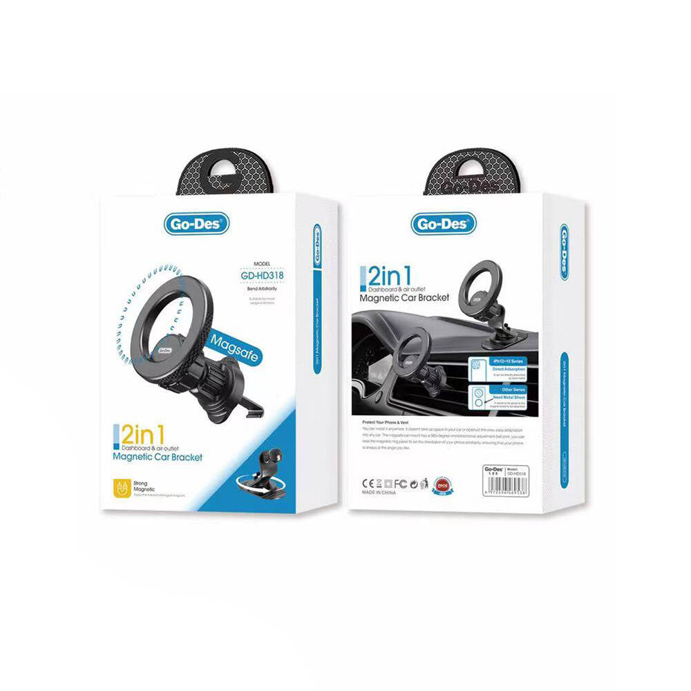 Go Des GD-HD318 M-safe Magnetik 360° Dönebilen 2in1 Havalandırma ve Düz Zemin Telefon Tutucu
