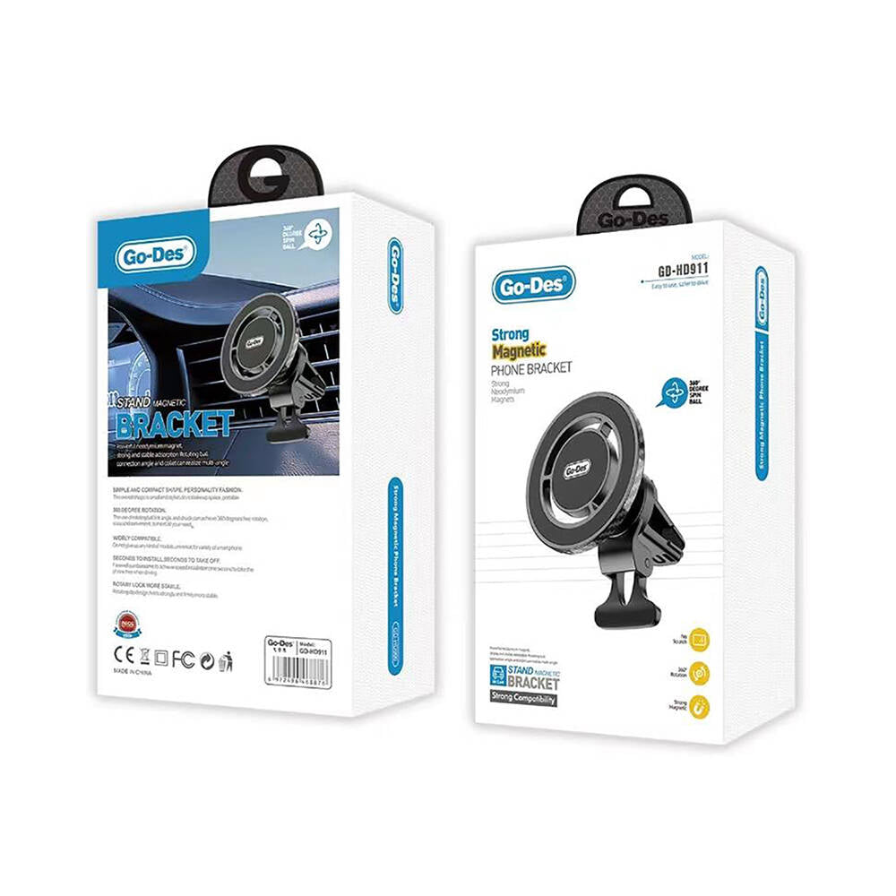 Go Des GD-HD911 M-safe Magnetik Özellikli 360° Dönebilen Havalandırma ve Düz Zemin Telefon Tutucu