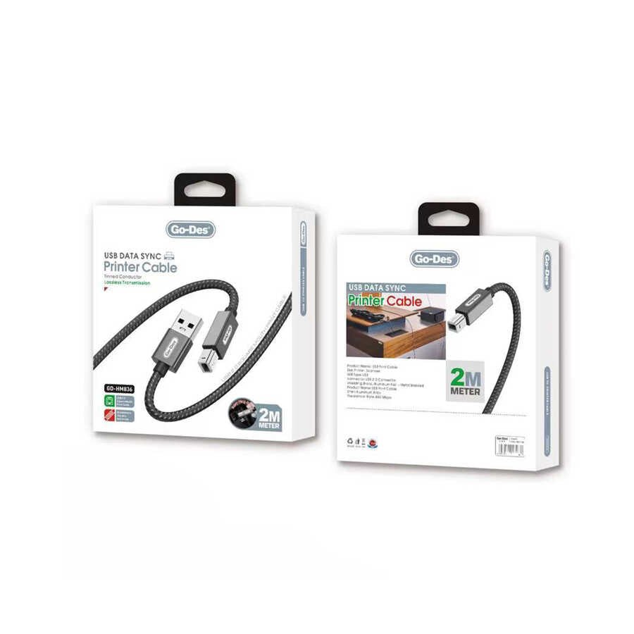 Go Des GD-HM836 USB-A to USB-B 2.0 Örgülü Yazıcı Kablosu 2M