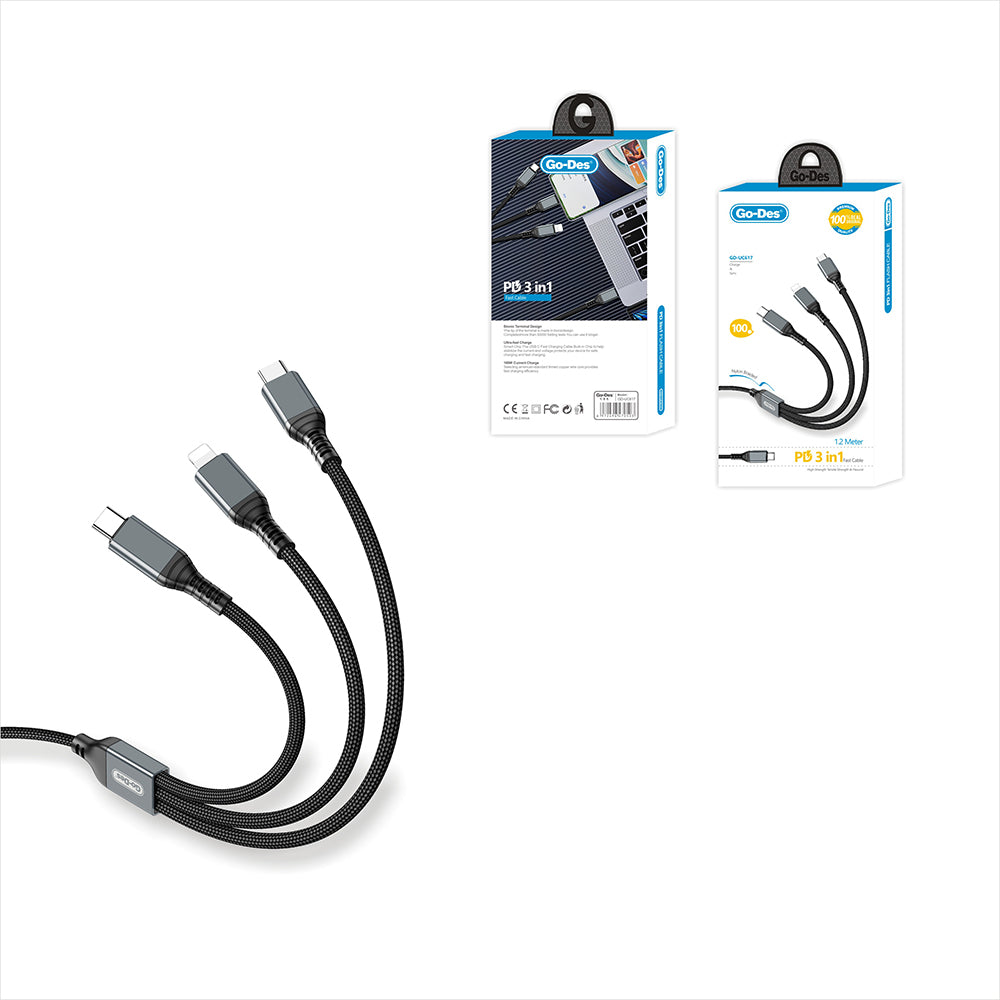 Go-Des GD-UC617 3in1 Type-C to Lightning – Type-C – Type-C Ultra Hızlı PD Şarj Kablosu 100W 1.2M