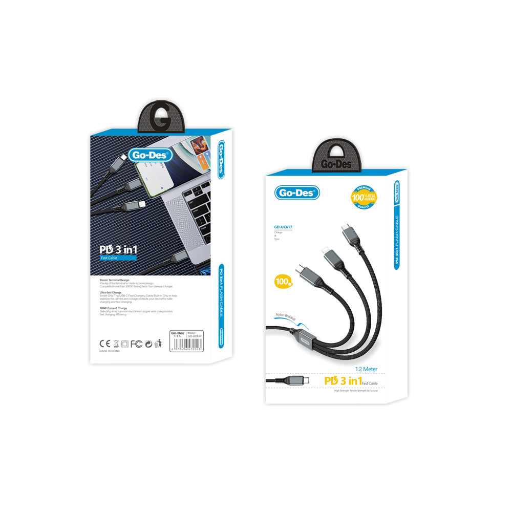 Go-Des GD-UC617 3in1 Type-C to Lightning – Type-C – Type-C Ultra Hızlı PD Şarj Kablosu 100W 1.2M