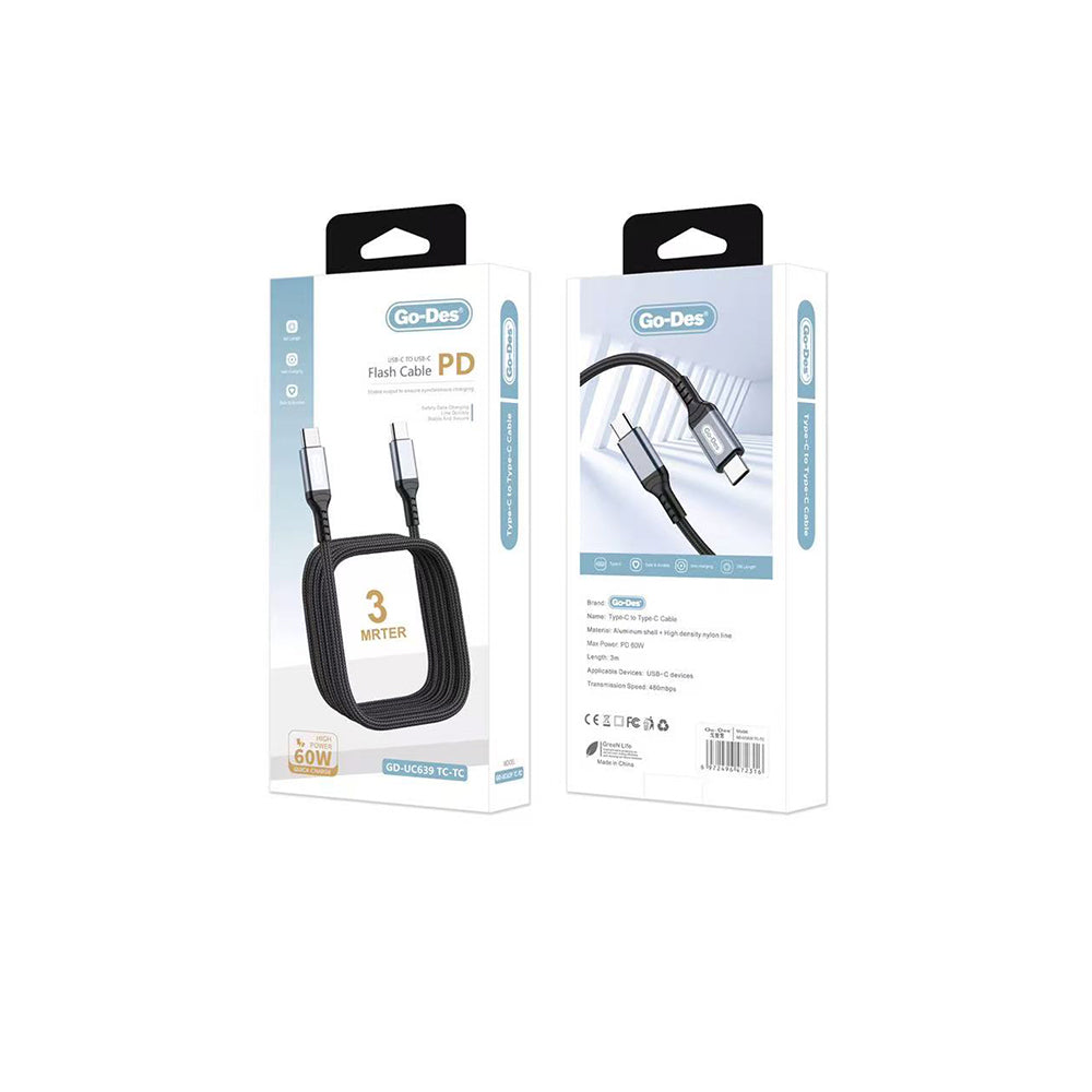 Go-Des GD-UC639 Type-C to Type-C PD Hızlı Şarj Kablosu 60W 3M