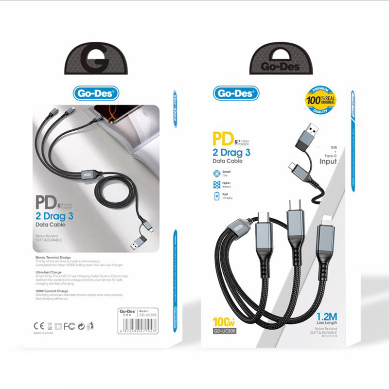 Go Des GD-UC806 3in2 Lightning – Type-C – Type-C Hızlı Şarj Kablosu 100W 1M
