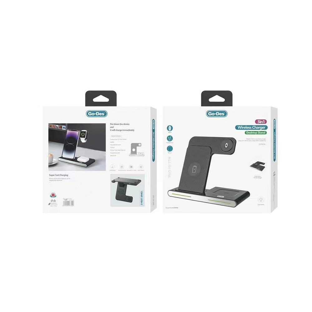 Go Des GD-WL386 3 in 1 M-safe 15W Hızlı Şarj Özellikli Magnetik Kablosuz Şarj Standı