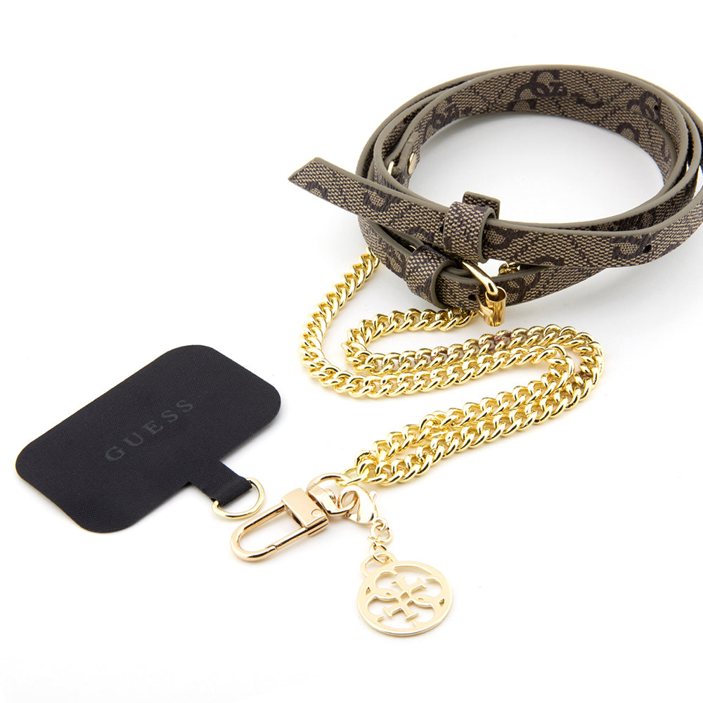 Guess Orijinal Lisanslı 4G Desenli Zincirli 4G Metal Logolu Çapraz Vücut PU Telefon Askı Kayışı