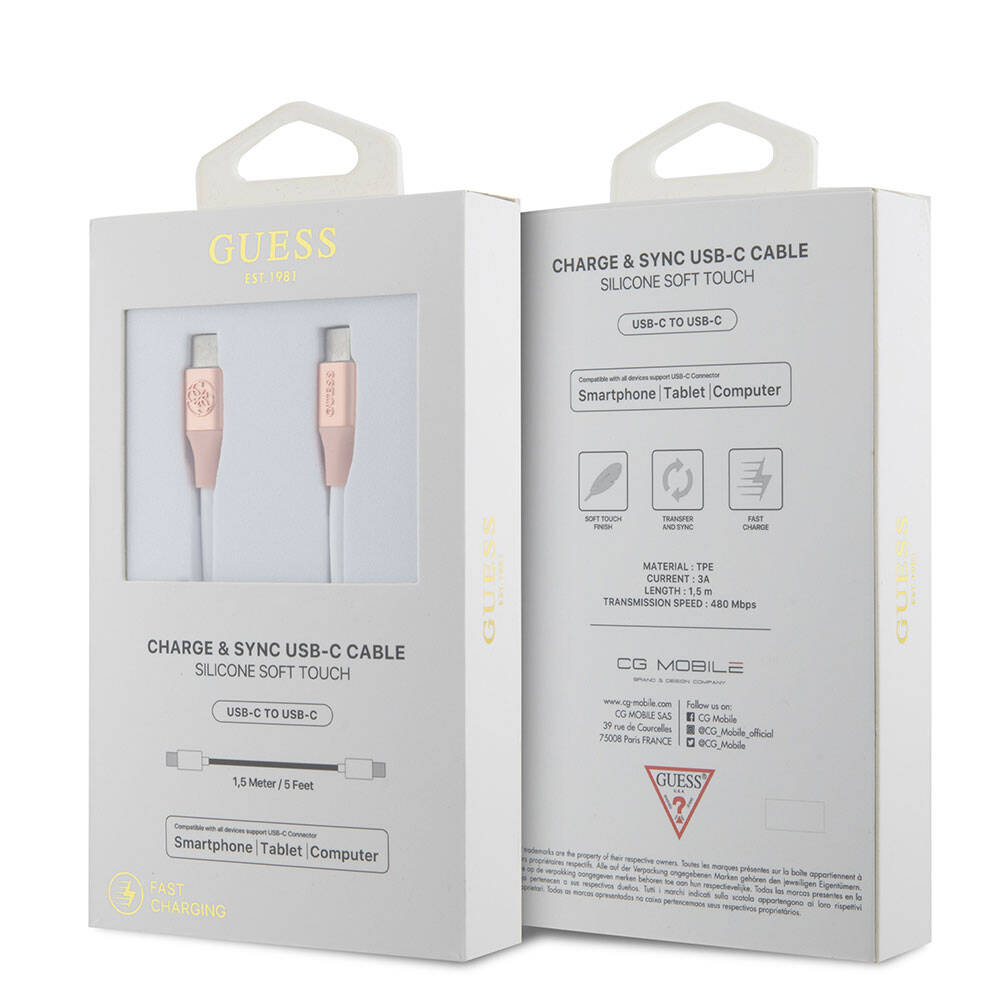 Guess Orijinal Lisanslı 4G ve Yazı Logolu Aydınlatmalı Kablo Ucu Hızlı Şarj Özellikli Type-C To Type-C PD Kablo 3A 1.5m