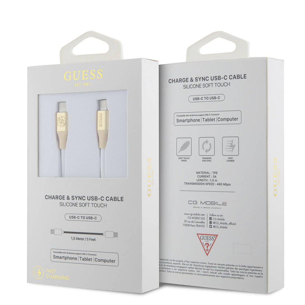 Guess Orijinal Lisanslı 4G ve Yazı Logolu Aydınlatmalı Kablo Ucu Hızlı Şarj Özellikli Type-C To Type-C PD Kablo 3A 1.5m