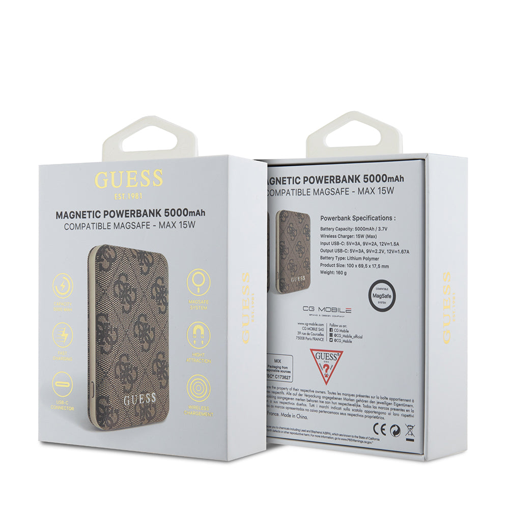 Guess Orijinal Lisanslı Dijital Led Göstergeli PU Deri 4G Desenli Metal Yazı Logolu Powerbank 5000mAh 15W