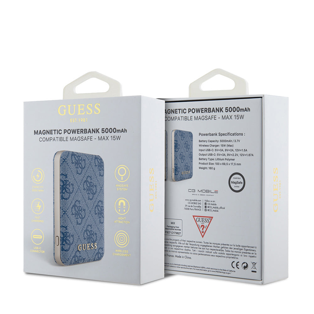 Guess Orijinal Lisanslı Dijital Led Göstergeli PU Deri 4G Desenli Metal Yazı Logolu Powerbank 5000mAh 15W
