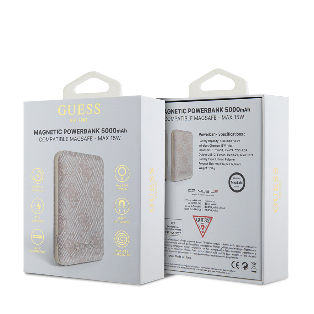 Guess Orijinal Lisanslı Dijital Led Göstergeli PU Deri 4G Desenli Metal Yazı Logolu Powerbank 5000mAh 15W