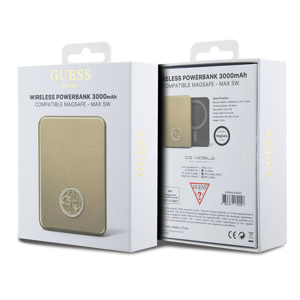 Guess Orijinal Lisanslı M-safe Şarj Özellikli Taşlı 4G Logolu Powerbank 3000mAh 5W