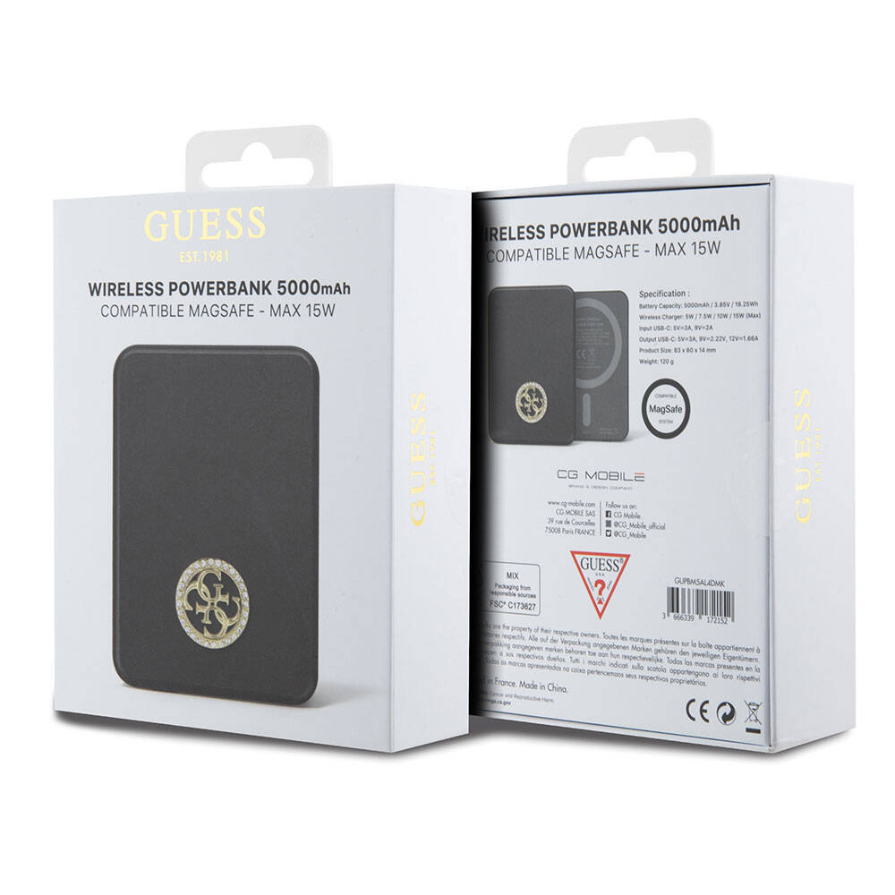 Guess Orijinal Lisanslı M-safe Şarj Özellikli Taşlı 4G Logolu Powerbank 5000mAh 15W