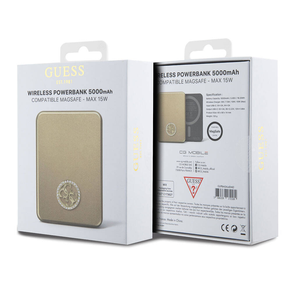 Guess Orijinal Lisanslı M-safe Şarj Özellikli Taşlı 4G Logolu Powerbank 5000mAh 15W