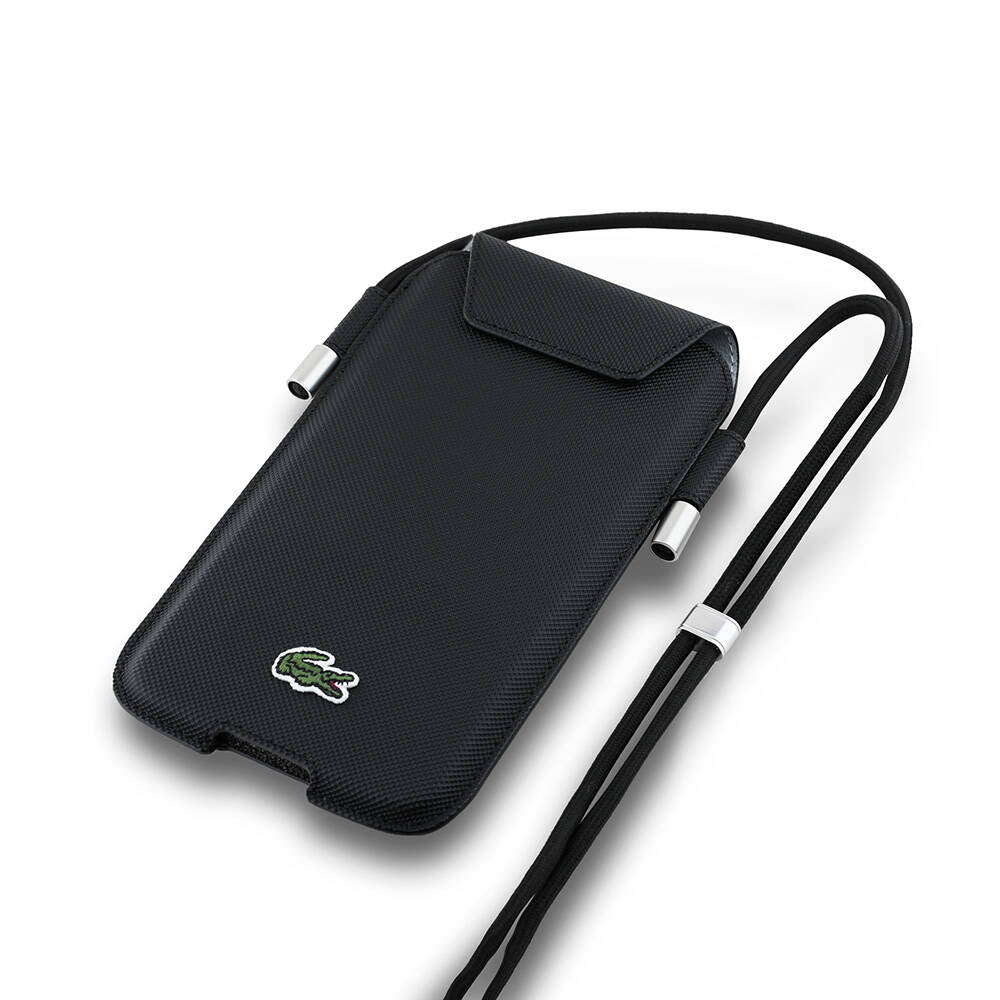 Lacoste Orijinal Lisanslı Çapraz Vücut Askılı PU Pike Desenli 6.7 inç'e Kadar Universal Kılıf