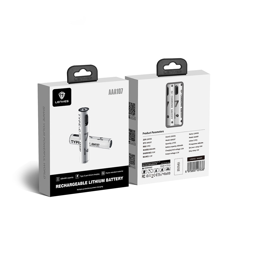 Lenyes AAA107 Type-C Şarj Portlu Şarj Edilebilir AAA Lityum-ion Pil 600mWh 1.5V 2 Adet