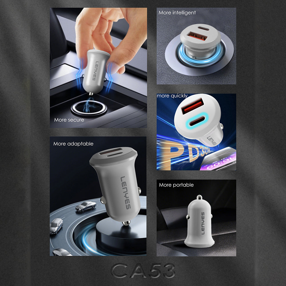 Lenyes CA53 Hızlı Şarj Özellikli Dual Type-C + USB-A Portlu Mini Araç Şarj Aleti 30W