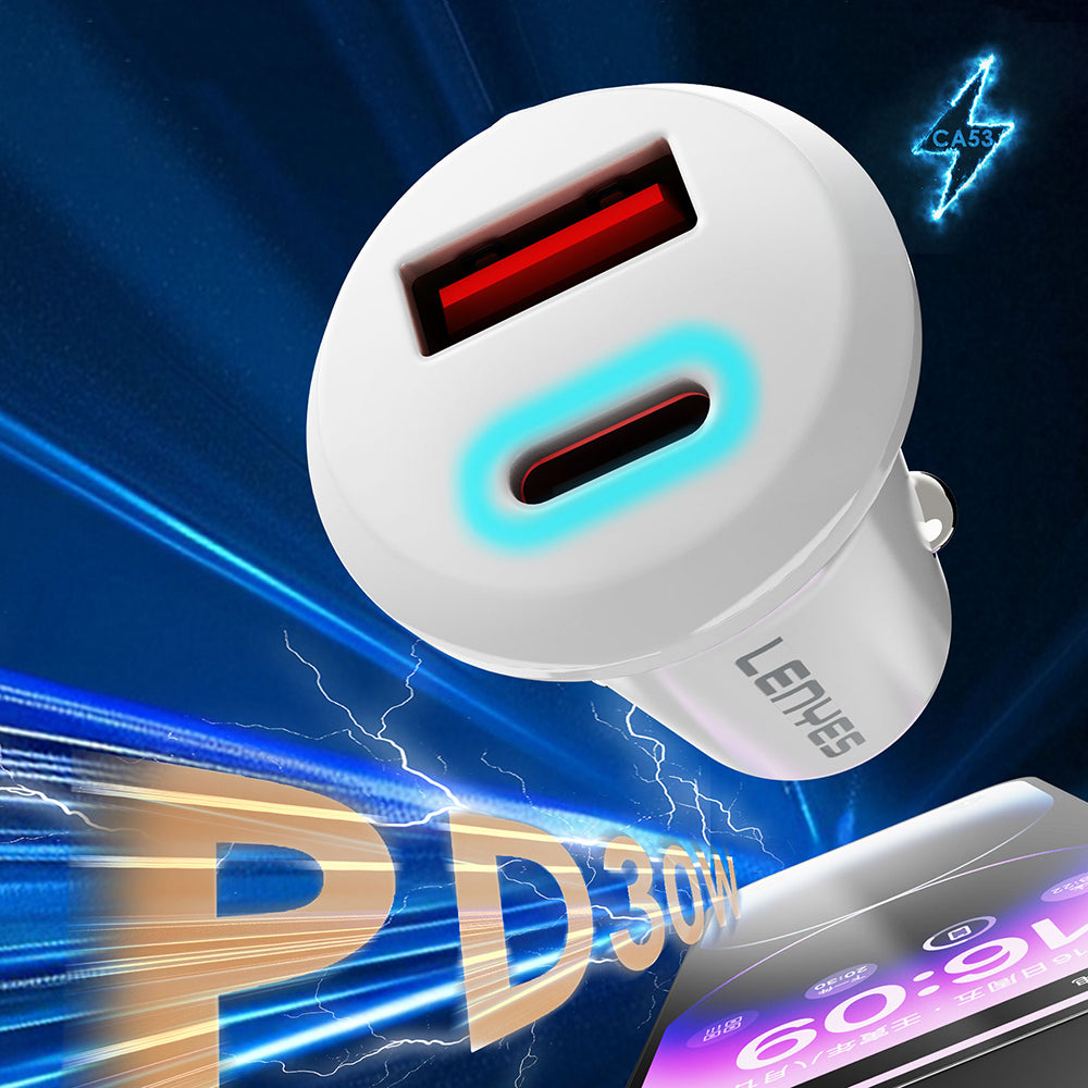 Lenyes CA53 Hızlı Şarj Özellikli Dual Type-C + USB-A Portlu Mini Araç Şarj Aleti 30W